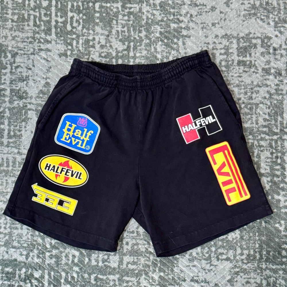 Half Evil Race Sponsor Logo/Multipatch Shorts-Black- Men’s size XS